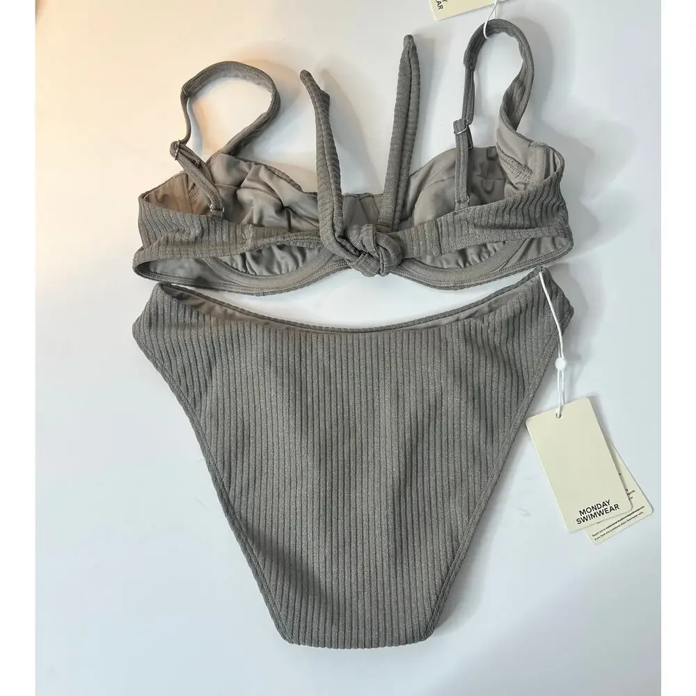 Monday Swimwear Seychelles Bottom and Sorrento Top Steel Lurex Rib New Small